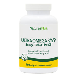 Frontal product image of Ultra Omega 3/6/9 Softgels containing 90 Count