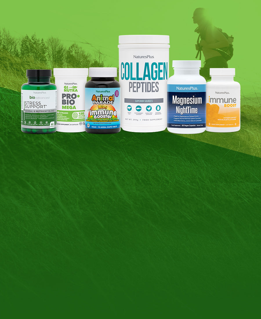 Natures plus products on green background
