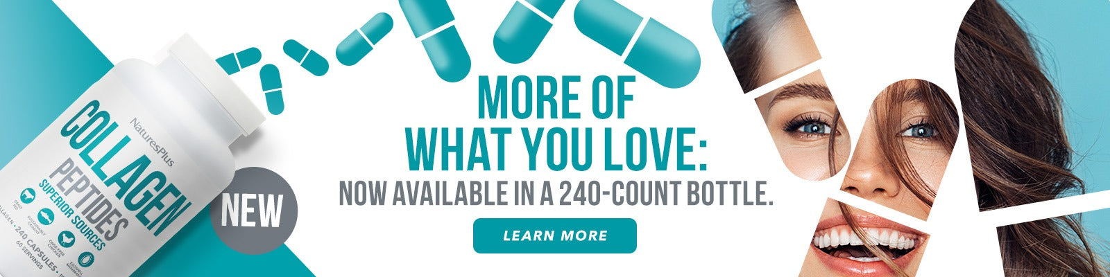 Advertisement for collagen supplement with text and product image on a blue background