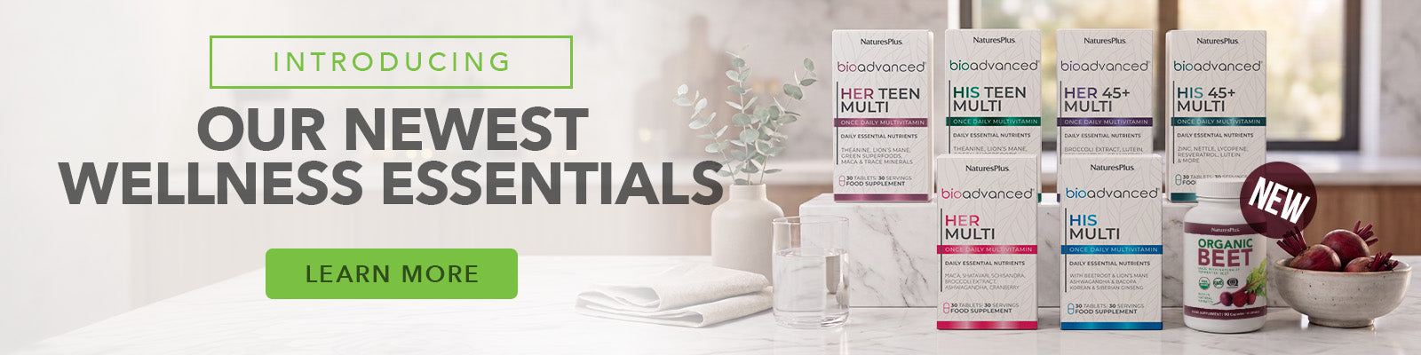 Promotional banner featuring NaturesPlus BioAdvanced supplements and Organic Beet as the newest wellness essentials.