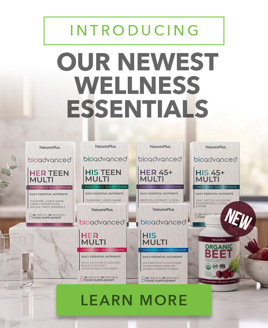 Promotional banner featuring NaturesPlus BioAdvanced supplements and Organic Beet as the newest wellness essentials.